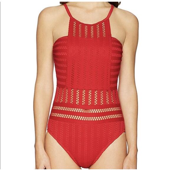 Kenneth Cole New York Other - Kenneth Cole New York Swimsuit Womens Large Red High Neck Crochet One Piece NWT